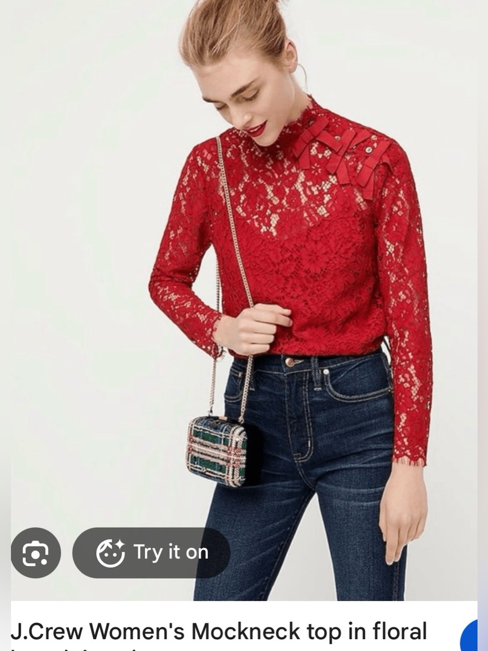 J. Crew Red Lace Mockneck Blouse with Bow Detail closures